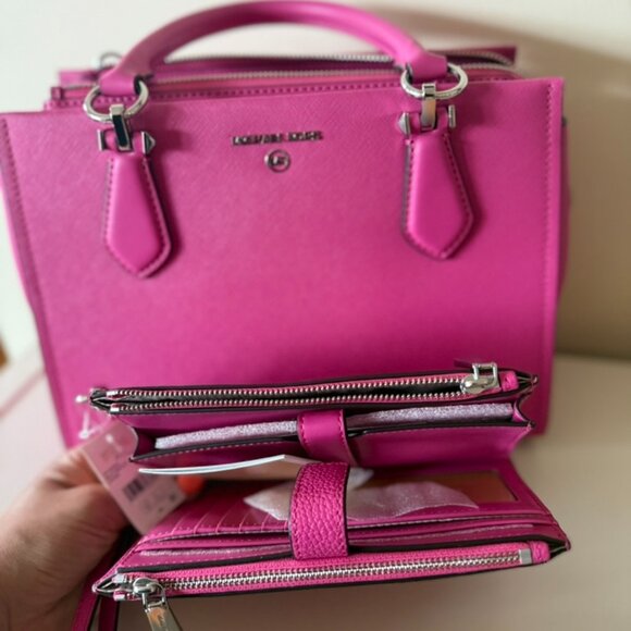 Michael Kors Marilyn Medium Satchel w/Smartphone Wallet BUNDLE Hot Pink Tote - Picture 10 of 16